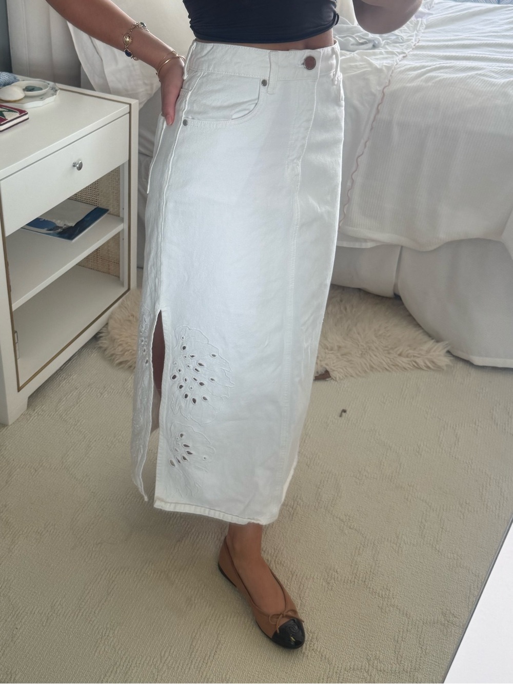 Derek Lam Crosby White Eyelet Midi Skirt with Side Slit